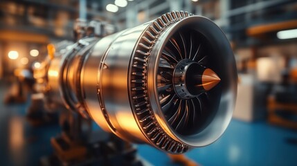 close-up of a polished jet engine turbine with visible fan blades and spinner cone in an industrial workshop, warm lighting highlighting precision and power