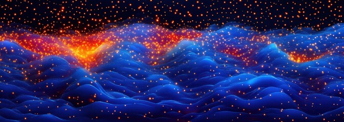 undulating blue waves with glowing orange sparks and embers drifting against a dark starry background, evoking wonder and serene energy