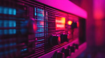 Close-up of vintage radio receiver front panel with tuning knobs, mesh grille and glowing orange display under pink and blue neon light, nostalgic mood