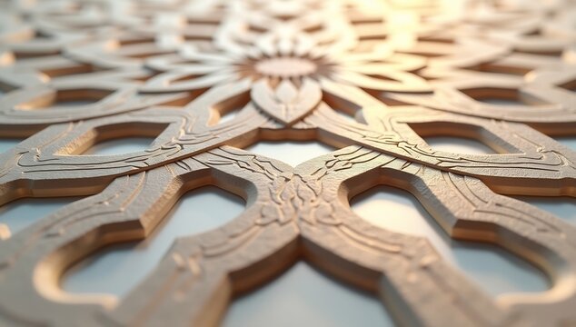 A modern, 3d rendered islamic geometric pattern with intricate wood texture and warm lighting.