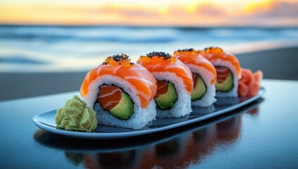 Four salmon-topped sushi rolls with avocado and fish roe on a white plate, served with wasabi and pickled ginger on a reflective surface by the ocean at sunset, appetizing and serene