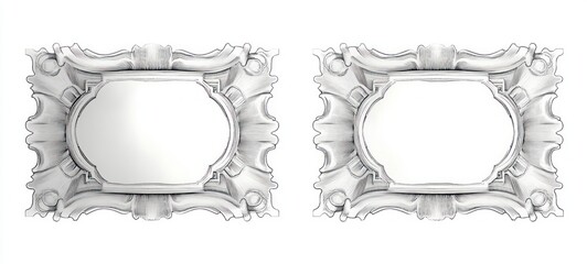 Two ornate vintage decorative mirror frames with carved rococo borders side by side, elegant and nostalgic symmetrical display on white