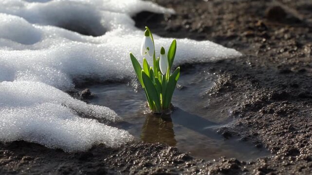 Snowdrop flowers blooming in melting snow.