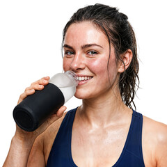 Refreshed young woman with sweaty face drinking water from a bottle after intense workout on isolated transparent background, feeling satisfied.