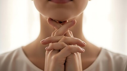 Woman with Interlocked Hands Resting on Chin in Thoughtful Pose with Soft Light