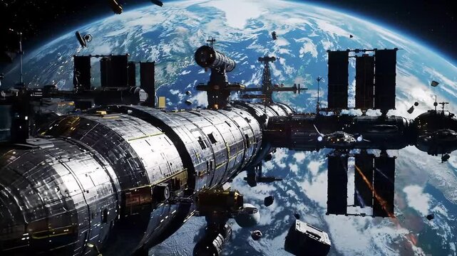 Massive futuristic space station docking with a sleek spacecraft orbiting the vibrant blue and white planet Earth in deep space