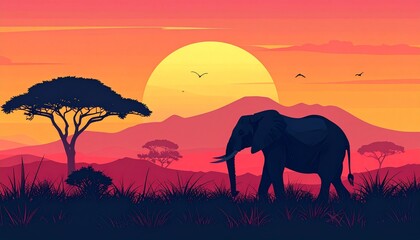 Fototapeta premium Serene African savanna landscape at vibrant sunset, featuring a majestic elephant silhouette walking gracefully amidst the rich wildlife and stunning natural beauty