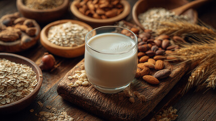 Glass of creamy plant-based almond milk surrounded by whole almonds on a wooden surface, highlighting healthy, natural, vegan, and nutritious drink concept.