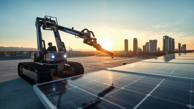 Robotic crawler rooftop solar panel installation and maintenance at sunrise to sunset urban glow