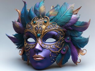 ornate feathered headdress with teal and purple plumes, gold filigree and jeweled accents conveying regal, mysterious and festive elegance