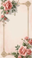 Romantic vintage floral frame with blooming roses and ornate border, delicate pastel pink and cream aesthetic