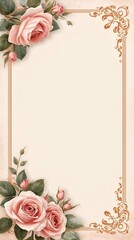 Elegant Vintage Floral Frame with Blush Roses and Golden Ornamental Border, Featuring Lush Green Leaves, Perfect for Romantic Invitations and Delicate Design Templates