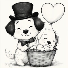 Smiling puppy in a top hat and bow tie standing beside a sleeping puppy curled in a woven basket with a heart-shaped balloon, sweet and affectionate scene