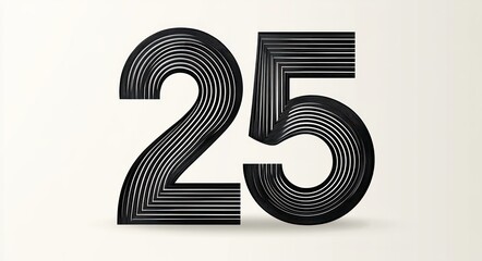 large black layered striped number 25 with concentric lines on a soft beige background and subtle shadow conveying a bold modern celebratory mood