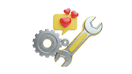 3D Render of Wrench, Gears, and Hearts Icon