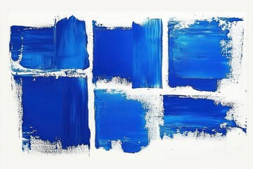 six textured blue paint rectangles arranged in a two by three grid on a white canvas with bold expressive brushstrokes conveying calm cool serenity