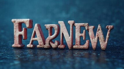 worn textured freestanding stone letters spelling farnew on a wet reflective surface with shallow depth of field and blue bokeh background, evoking quiet mystery and contemplation