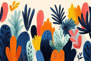 Colorful whimsical abstract foliage and cacti illustration with layered tropical leaves in vibrant blues, oranges, yellows and pinks conveying playful cheerful energy