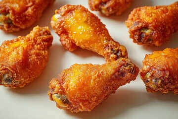 Close-up of crispy golden glazed fried chicken drumettes on a white surface, mouthwatering and crunchy comfort food arranged in a casual spread