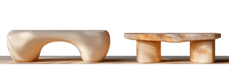 Two sculptural stone benches with organic rounded forms &mdash; one arched low bench and one rectangular top on cylindrical supports, neutral beige marble texture, minimalist serene mood