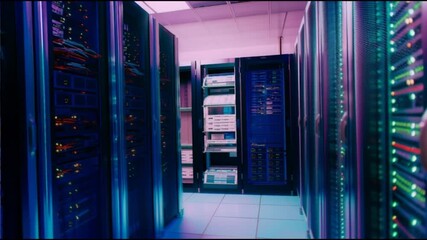 Server room in data center Futuristic network concept with rows of server racks and suitable equipment for data storage and processing in a secure facility with blue and purple lighting. - Powered by Adobe