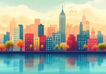 Colorful city skyline with diverse buildings and autumn trees reflected on calm waterfront at sunrise, soft clouds and birds giving a serene, vibrant mood