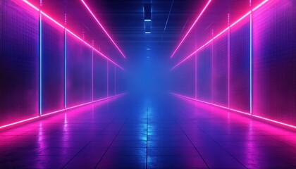 neon-lit futuristic corridor with symmetrical pink and blue LED strips, reflective tiled floor, grid wall panels and foggy atmosphere evoking a moody mysterious sci-fi vibe