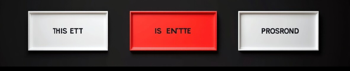 Three framed panels on a dark wall: left white frame reading 'THIS ETT', center red frame reading 'IS ENTTE', right white frame reading 'PROSROND' &mdash; minimalist, playful, enigmatic typography