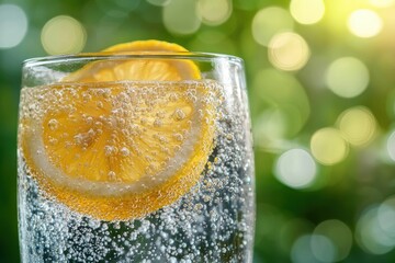 Close-up glass of sparkling water with lemon slices and effervescent bubbles against bright green bokeh, refreshing and uplifting