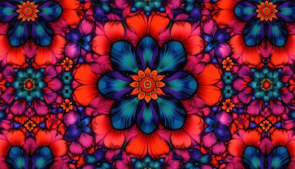 vibrant symmetrical kaleidoscope of layered blue, red and purple floral motifs with glowing petals and mesmerizing ornamental energy