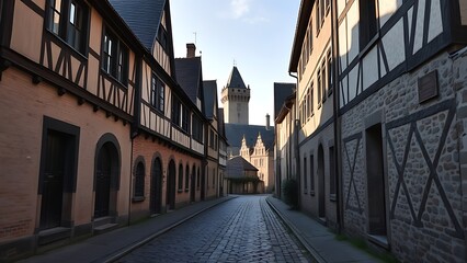 Fototapeta premium timbered. An ancient cobblestone street lined with half-timbered houses leading towards a distant castle tower. real-estate listings.