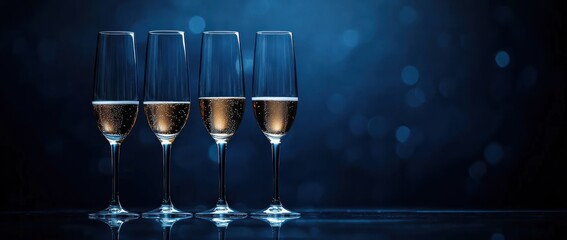 Four elegant filled champagne flutes with sparkling bubbles on a reflective surface against a deep blue bokeh backdrop, evoking celebration and sophistication