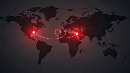 Glowing red heart shaped connection line between two illuminated points on a dark world map background symbolizing love distance relationship travel