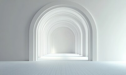 series of white concentric arched doorways forming a minimalist luminous corridor with steps and soft shadows, evoking calm and serenity
