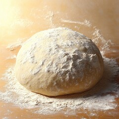 round ball of raw bread dough dusted with flour on a wooden board, warm soft lighting and a cozy inviting anticipation of baking