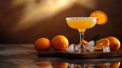 Coupe glass with salted rim holding a bright orange citrus cocktail garnished with an orange slice, surrounded by whole and halved oranges and ice on a wooden board in a warm inviting mood