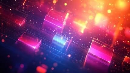 Glowing translucent neon rectangular prisms floating over a dark grid with sparkling particles and bokeh light, creating a vibrant futuristic and energetic atmosphere