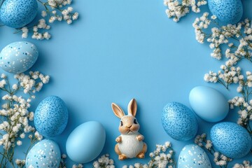 cute ceramic bunny surrounded by speckled and solid blue eggs and delicate white baby's breath flowers on a bright blue background, cheerful springtime arrangement