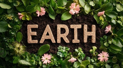 top view of the word earth formed in dark soil surrounded by green leaves and pale pink daisy-like flowers, evoking calm, nurturing, eco-friendly feeling