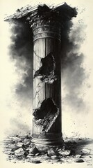 solitary crumbling classical column with gaping holes, broken ornate capital and scattered rubble against a smoky desolate backdrop, evoking decay and melancholic ruin