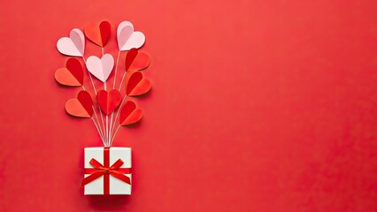Gift box with red and pink hearts on red background, valentine's day symbol, love and romance concept, heart shaped balloons coming out of present