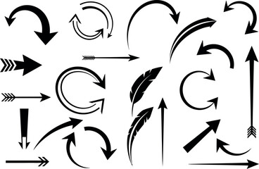 Fototapeta premium Collection of various black arrows and curved pointers on a white background for design and directional indications