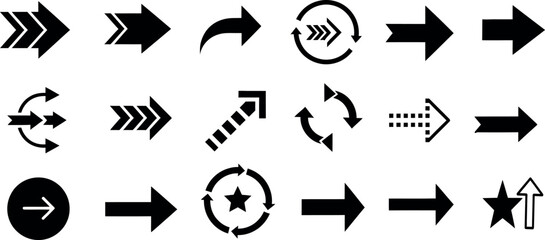 Collection of various black arrow icons on white background