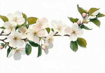 Delicate white and pale pink blossoms on a slender branch with green leaves and unopened buds, evoking calm gentle spring serenity