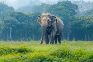 Majestic lone elephant standing in dewy green meadow with misty forest background, calm serene morning atmosphere