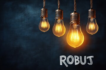 Four hanging vintage filament light bulbs with twisted cords and metal sockets, one glowing warmly against a dark textured chalkboard background with chalk letters robuj, cozy inspiring mood