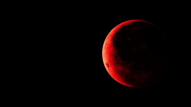 Red Blood Moon rotating loop with copy space on left side, scary crimson full moon 3D rendering for halloween or eclipse background.