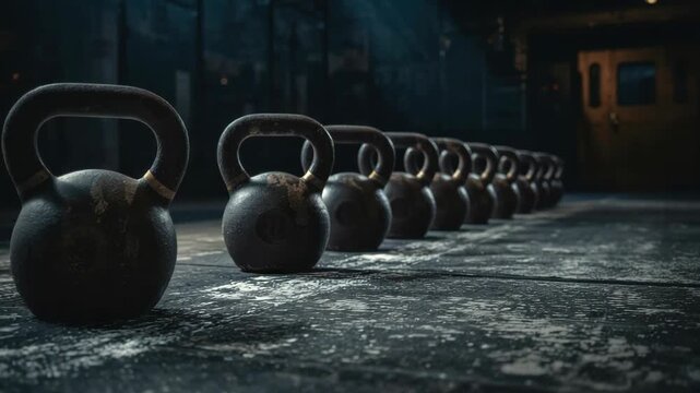 Kettlebell row on gritty gym floor with moody light, iron weight strength fitness routine