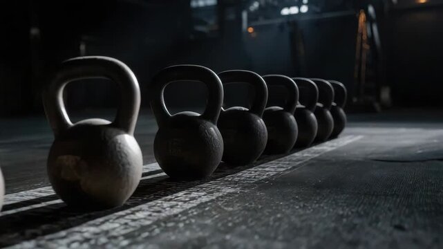 Kettlebell weight gym fitness strength row of kettlebell weights lined gym floor moody lighting
