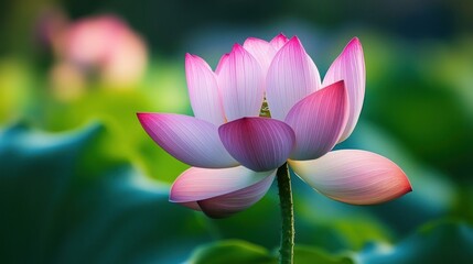 Obraz premium Serene pink lotus blossom with layered delicate petals, green blurred leaves and soft bokeh background, evoking tranquility and gentle natural beauty